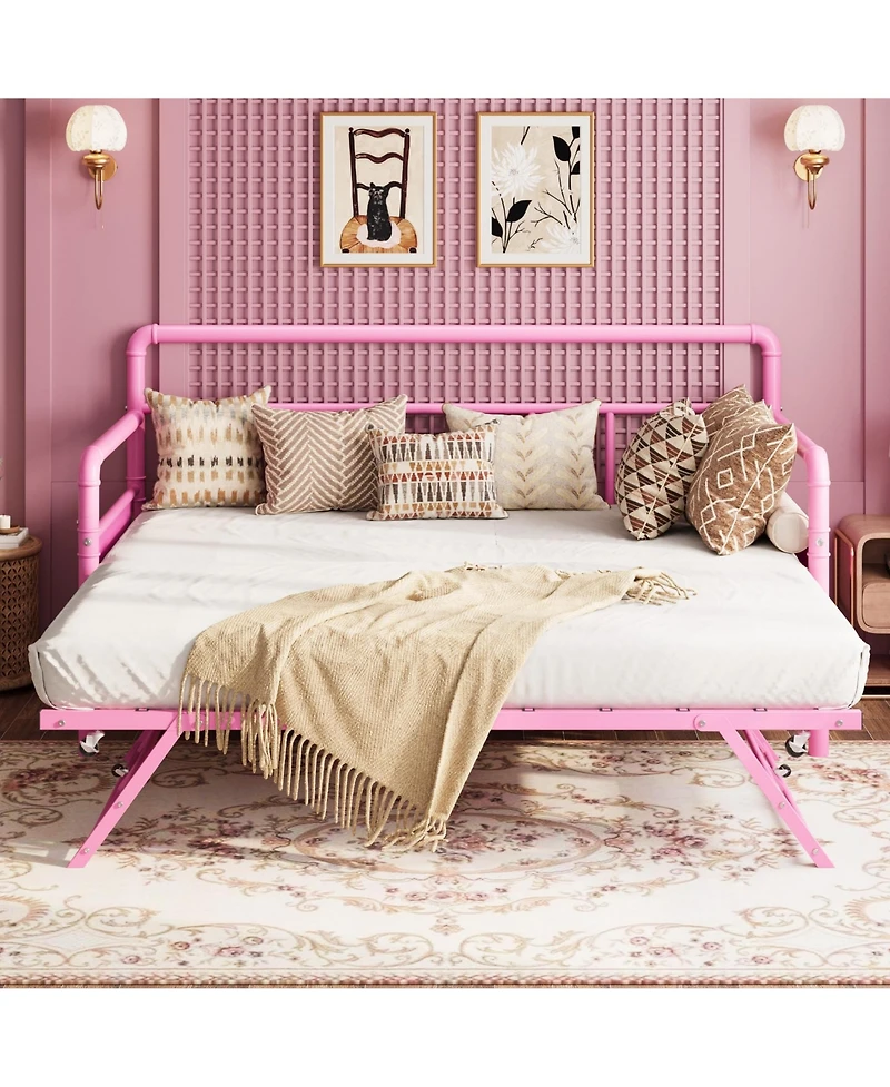 homfan Twin Daybed with Trundle, Metal Daybed with Pop Up Trundle and Steel Slats for Bedroom or Guest Room