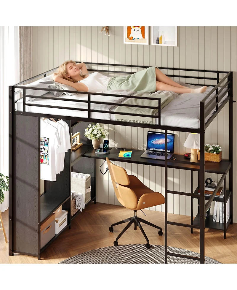 homfan Queen Metal Loft Bed Frame, Space Saving Loft Bed with Built In Desk and Wardrobe for Bedroom