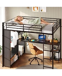 homfan Queen Metal Loft Bed Frame, Space Saving Loft Bed with Built In Desk and Wardrobe for Bedroom