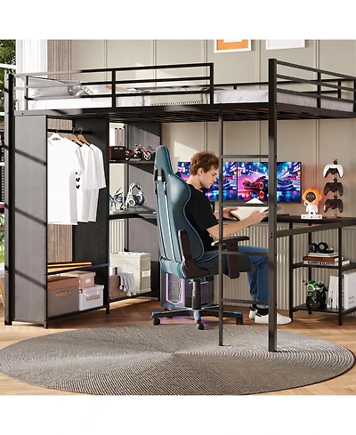 homfan Queen Metal Loft Bed Frame, Space Saving Loft Bed with Built In Desk and Wardrobe for Bedroom