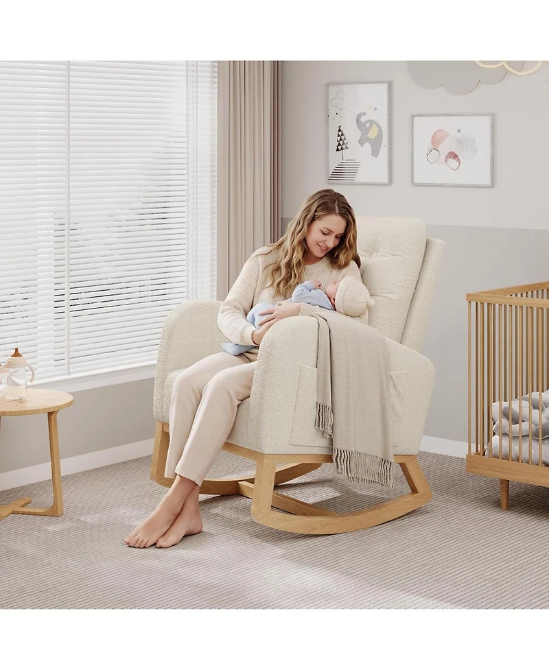 gaomon Nursery Rocking Chair, Teddy Fleece Upholstery, Sturdy Wooden Legs and High Backrest, Comfortable Glider Rocking Chair