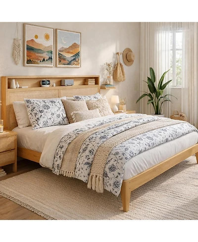 gaomon Rattan King Size Bed Frame with Led Lights, Boho Wood Bed Frame with Storage Headboard & Charging Station, No Box Spring Needed