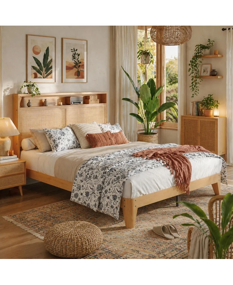 gaomon Rattan Full Size Bed Frame with Led Lights, Boho Wood Bed Frame with Storage Headboard & Charging Station, No Box Spring Needed