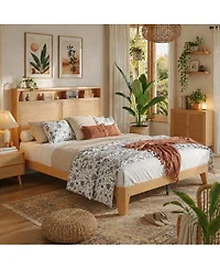 gaomon Rattan Full Size Bed Frame with Led Lights, Boho Wood Bed Frame with Storage Headboard & Charging Station, No Box Spring Needed