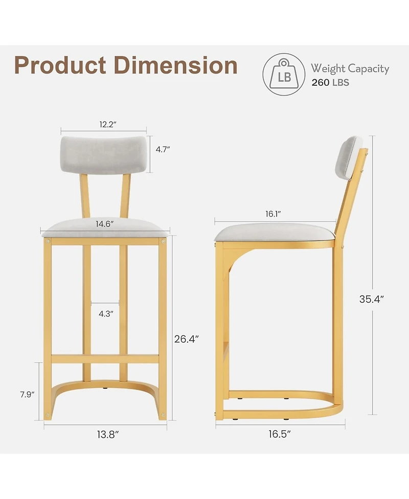homfan Set of 2 Bar Stools with Backs – Upholstered Curved Back Metal Frame Island Chairs, Tall Counter Height Stools for Kitchen or Dining Room