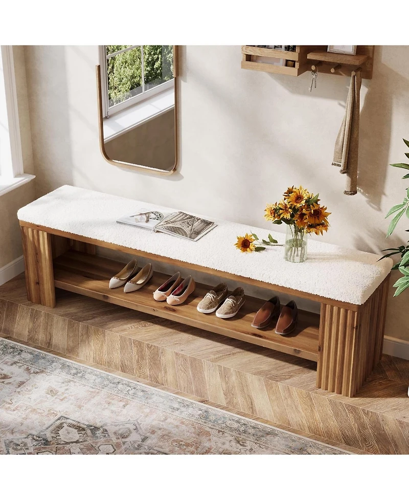 Tribesigns 63" Solid Wood Dining Bench, Farmhouse Upholstered End of Bed Bench with Removable Faux Lambswool Cushion,Indoor Long Entryway Bench