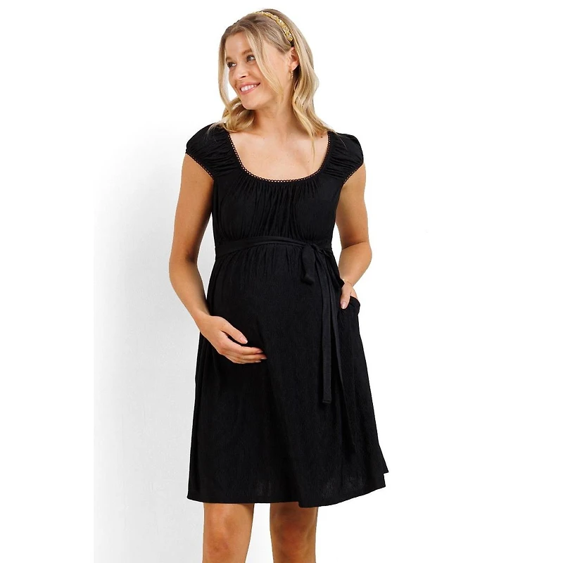 Hello Miz Maternity Cap Sleeve Textured Empire Waist Dress with Pockets