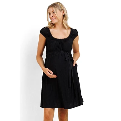 Hello Miz Maternity Cap Sleeve Textured Empire Waist Dress with Pockets