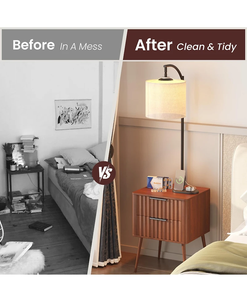 Vlsrka Nightstand with Fisherman s Lamp, Human Sensor Light and Charging Station