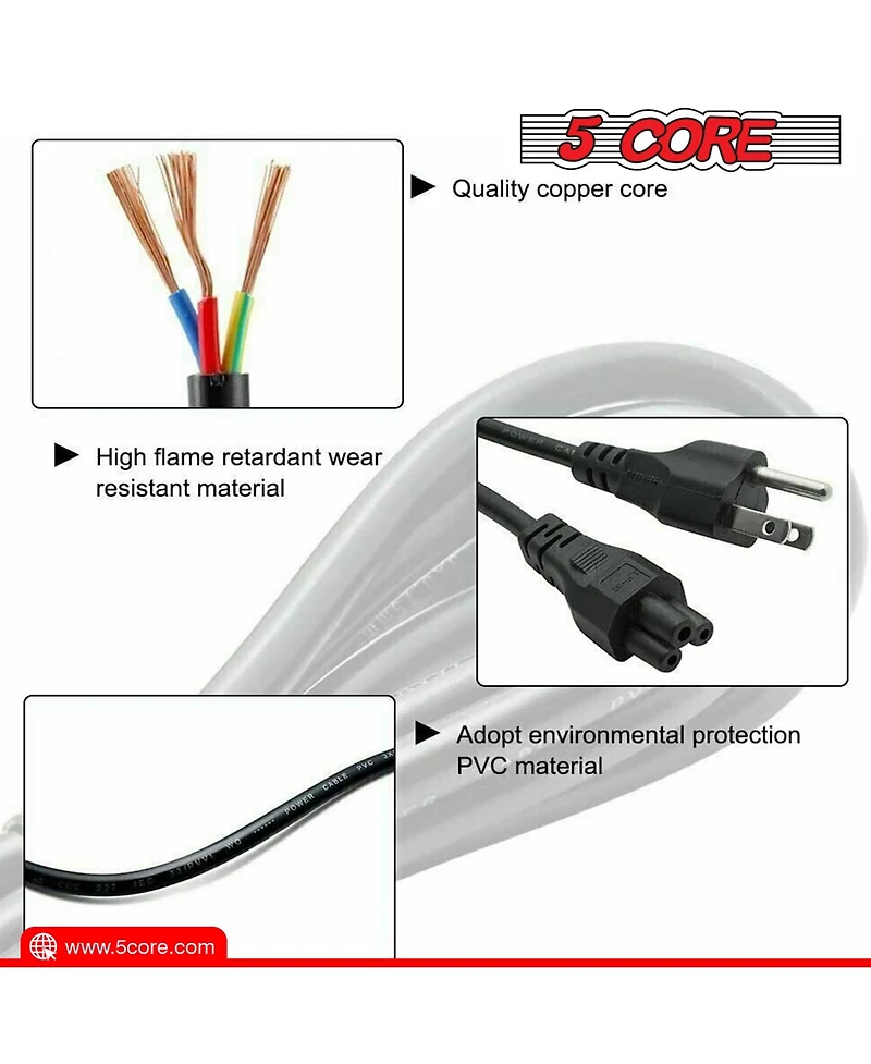 5 Core 3 Prong Extension Cord 10 Feet Non-Polarized Durable Three Prong Extension Cable Us Ac 3 Prong Extension Cord Heavy Duty Plug Extender