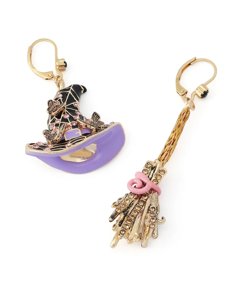 Betsey Johnson Faux-Stone Halloween Witchy Hat Broomstick Drop Earrings