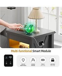 Vlsrka 3-Drawer Nightstand with Hidden Storage, Modern Bedside Table Charging Station and Led Light, Bedroom End Spacious Drawers