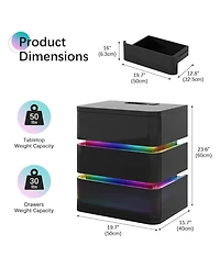 Vlsrka 3 Drawer Nightstand With Charging Station And Motion Sensor Rgb Light No Assembly Required)