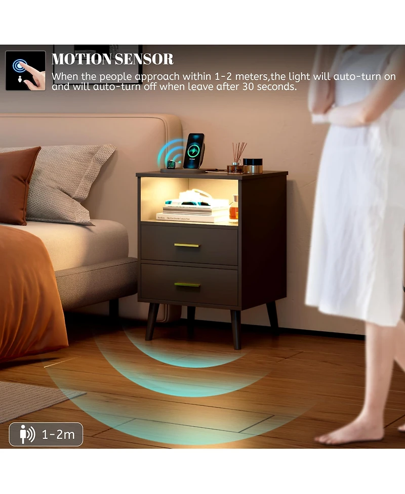 Vlsrka 25.6'' H Nightstand with Hidden Drawer, Charging Station, Usb Ports and Sensor Led Lights, Modern Bedside Table for Bedroom