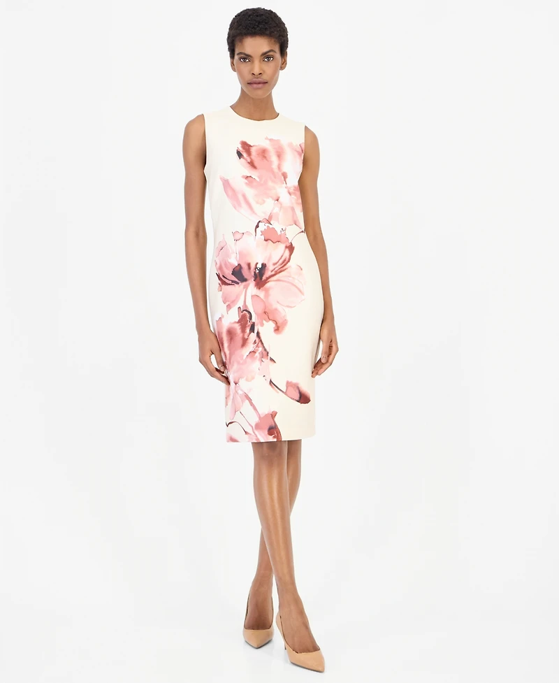 Anne Klein Women's Printed Scuba Sleeveless Floral Crewneck Dress