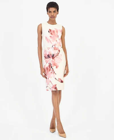 Anne Klein Women's Printed Scuba Sleeveless Floral Crewneck Dress
