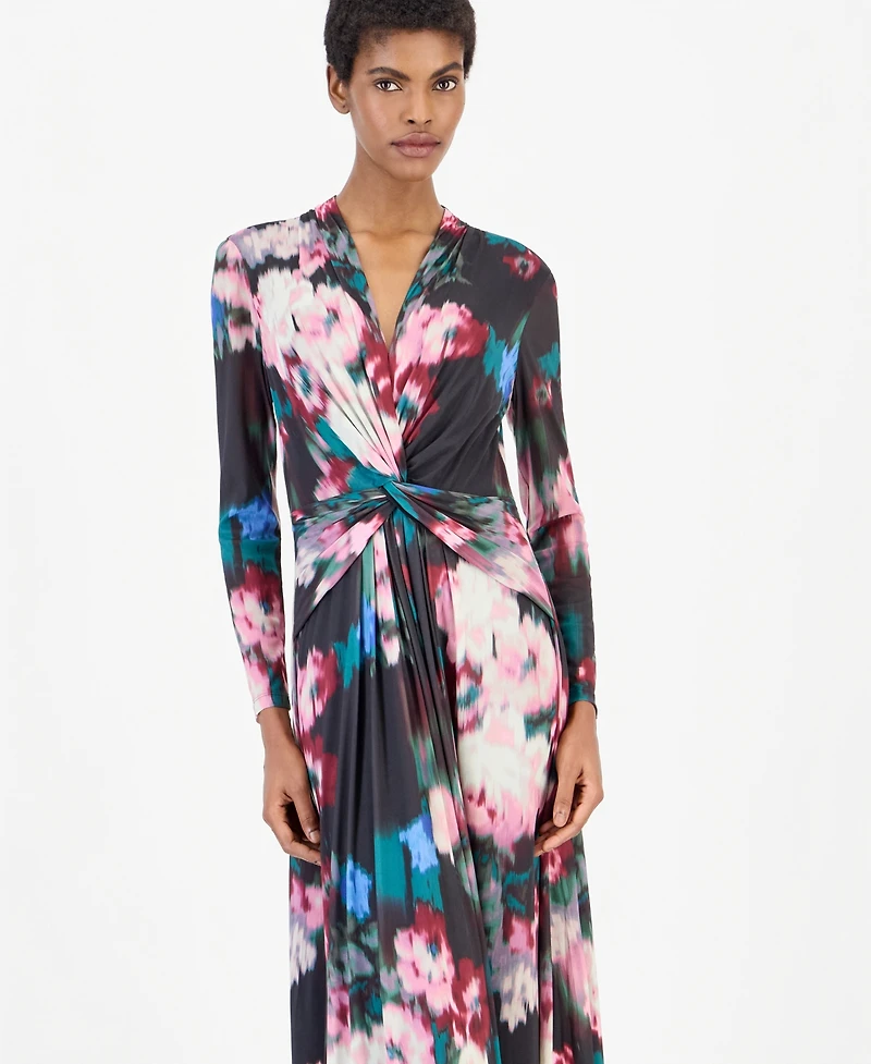 Anne Klein Women's Petite Mesh Twist Front Floral Long-Sleeve Maxi Dress