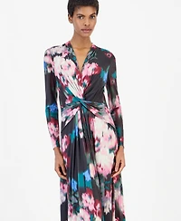 Anne Klein Women's Petite Mesh Twist Front Floral Long-Sleeve Maxi Dress