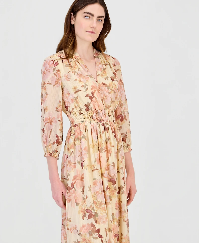 Anne Klein Women's Floral Smocked Waist Ruffle-Trim Midi Dress