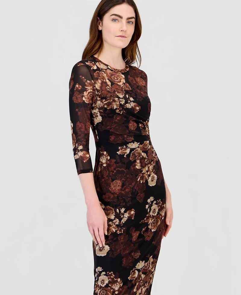 Anne Klein Women's Floral-Print Mesh Side-Ruched Midi Dress