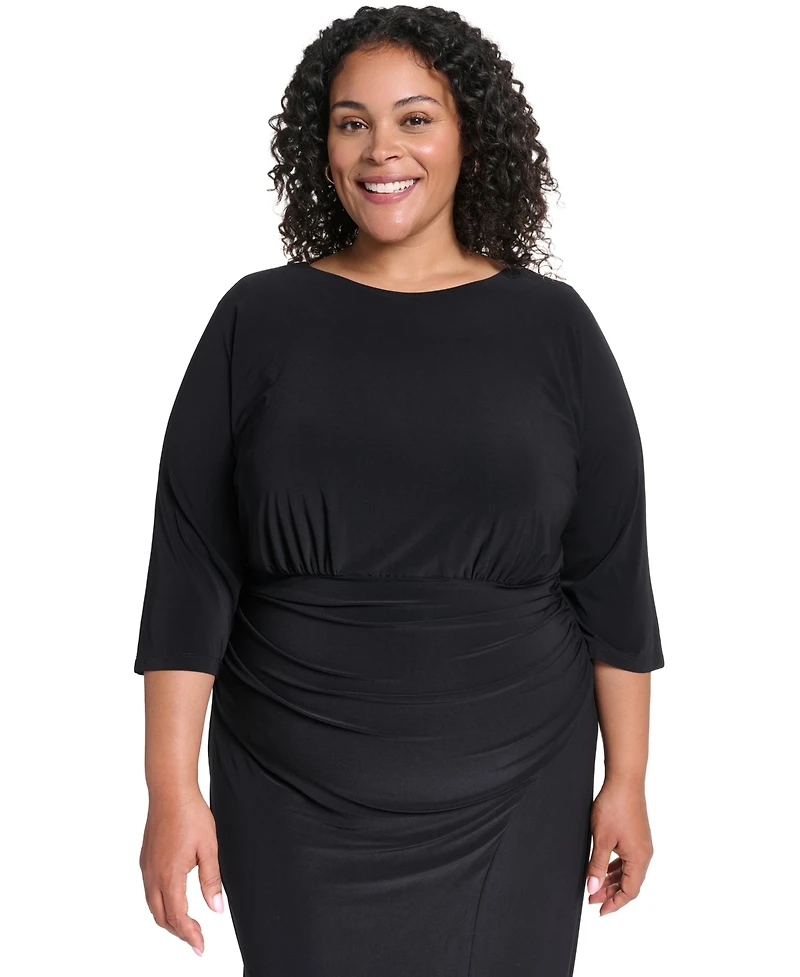 Vince Camuto Plus Jewel-Neck Elbow Sleeve Midi Dress