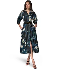 Donna Karan New York Petite Printed Belted Midi Shirt Dress