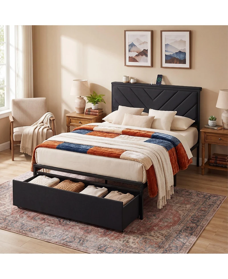 Modern Upholstered Platform Bed with 2 Storage Drawers and Built-In Power Outlet, Heavy-Duty Steel Slats, No Box Spring Needed