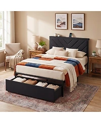 Modern Upholstered Platform Bed with 2 Storage Drawers and Built-In Power Outlet, Heavy-Duty Steel Slats, No Box Spring Needed
