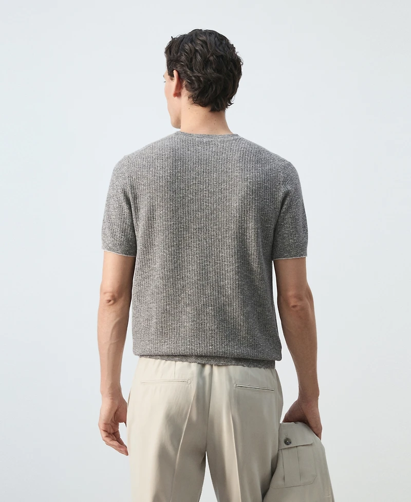 Mango Men's Ribbed Linen-Cotton Blend T-Shirt