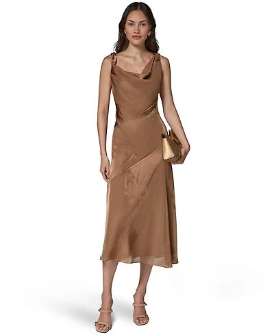 Donna Karan New York Women's Satin Burnout Asymmetrical Neck Midi Dress