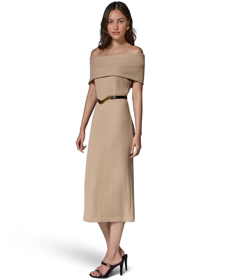 Donna Karan New York Women's Off-the-Shoulder Belted Sweater Dress