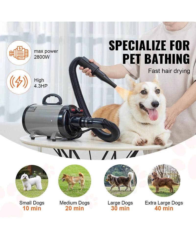 Vevor Dog Dryer 2800W Pet Grooming Dryer Adjustable Speed with 4 Nozzles