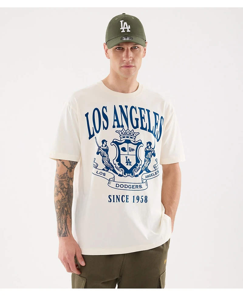 New Era Men's Light Beige Los Angeles Dodgers Lifestyle Coat of Arms Flocking T-Shirt