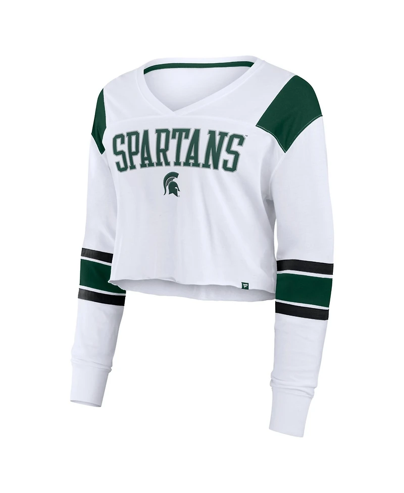 Fanatics Women's White Michigan State Spartans Training Camp Cropped Long Sleeve V-Neck Fashion Top