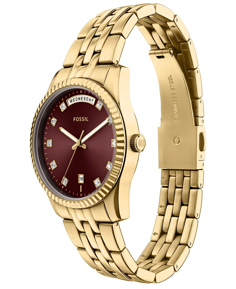 Fossil Women's Scarlette Three-Hand Day-Date Gold-Tone Stainless Steel Watch 34mm