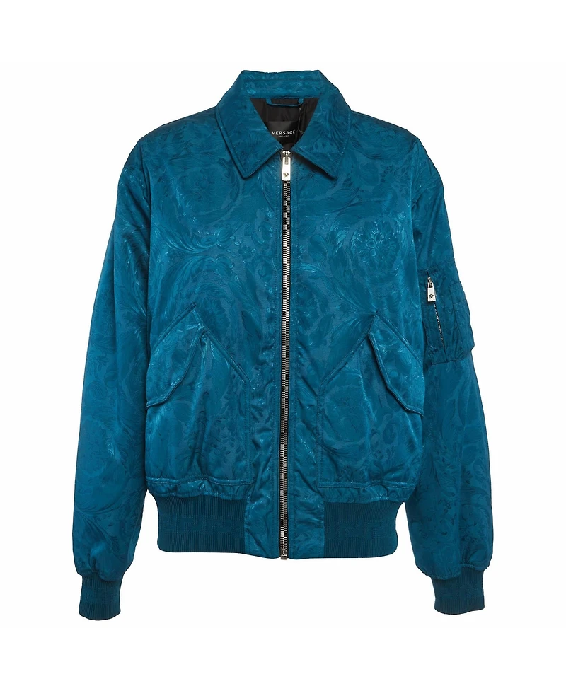 Pre-Owned Versace Women's Teal Nylon Barocco Bomber Jacket