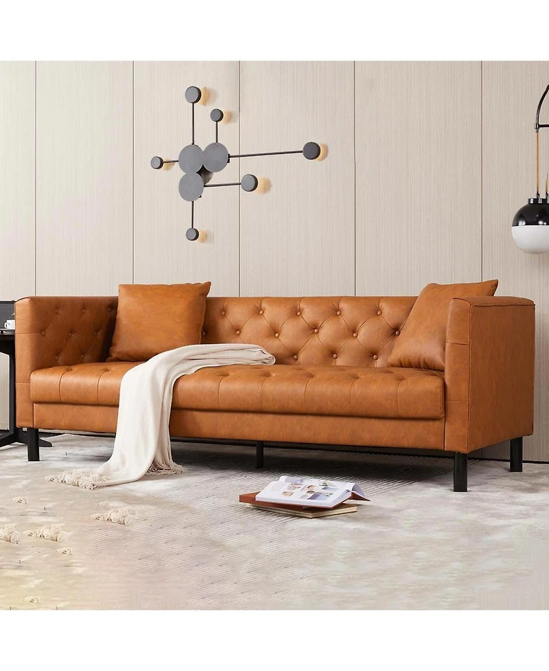 gaomon 81" Faux Leather Sofa with 2 Pillows, Button-Tufted 3 Seater Sofa, Mid-Century Modern Contemporary Upholstered Couch with Deep Seat