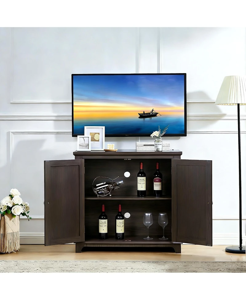 Clihome Acrylic Mirror Door Buffet Cabinet, Mdf Hollow-Carved Accent Cabinet Storage Sideboard with Adjustable Shelves