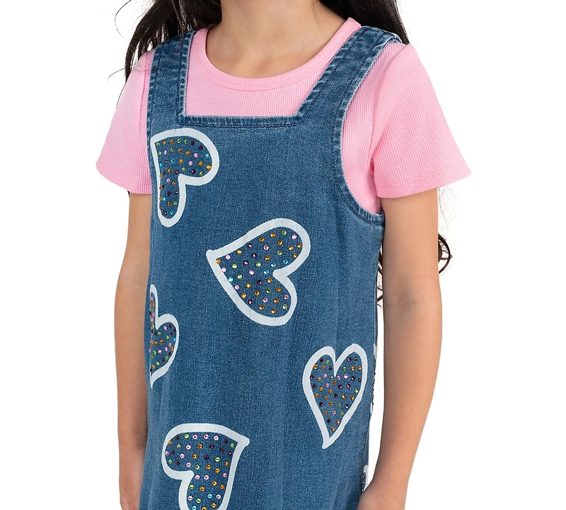 Rare Editions Girls' 2T-6X Short-Sleeve T-Shirt and Denim Jumper, 2-Piece Set