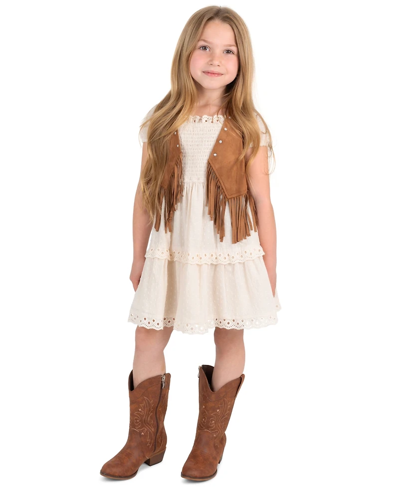 Rare Editions Girls' 4T-6X Suede Fringe Vest and Clip Dot Cotton Puff Sleeve Dress, 2-Piece Set