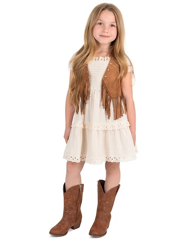Rare Editions Girls' 4T-6X Suede Fringe Vest and Clip Dot Cotton Puff Sleeve Dress, 2-Piece Set