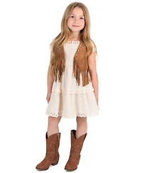 Rare Editions Girls' 4T-6X Suede Fringe Vest and Clip Dot Cotton Puff Sleeve Dress, 2-Piece Set