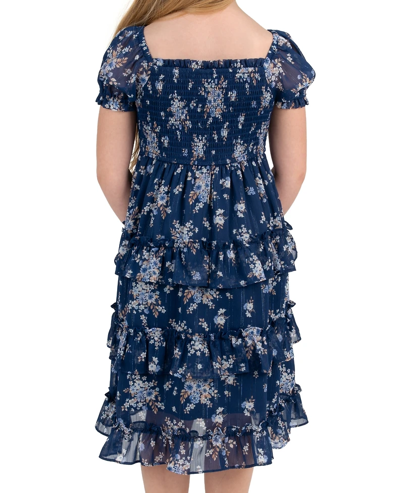 Rare Editions Girls' 4T-6X Printed Lurex Chiffon Puff Sleeve Tiered Midi Dress