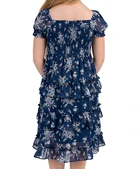 Rare Editions Girls' 4T-6X Printed Lurex Chiffon Puff Sleeve Tiered Midi Dress