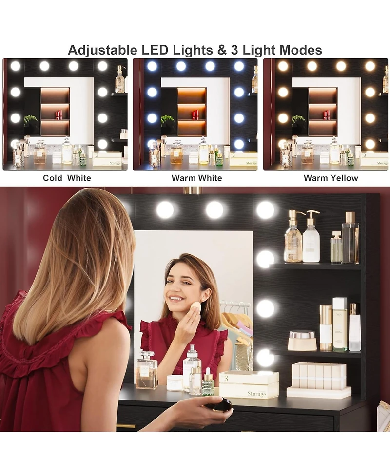 gaomon 61" Vanity Desk with Mirror And Adjustable Led Lights, 8-Drawer Makeup Dressing Table with 2-Tier Shelves