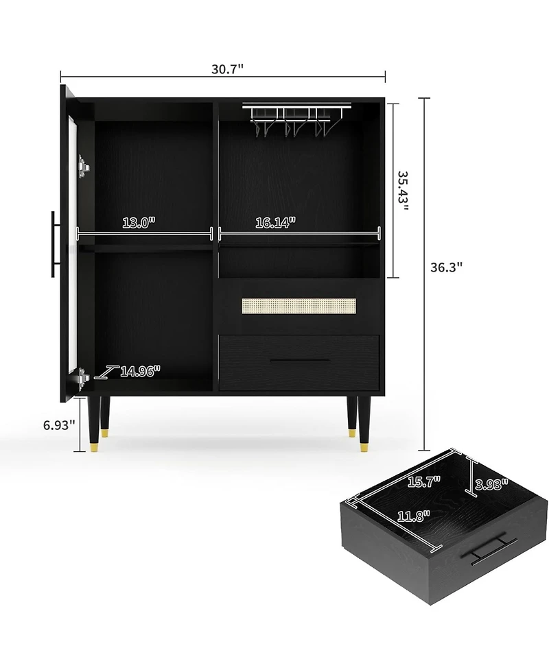 gaomon Modern Wine Bar Cabinet with Glass Door – Wine Rack, Drawers and Generous Storage – Freestanding Buffet Sideboard, Living Room