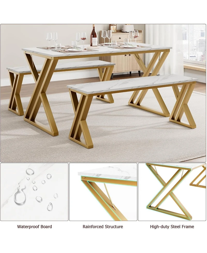 gaomon Retro Style Kitchen Dining Table Set for 4 with 2 Benches, Sturdy x-Shaped Metal Frame & Space-Saving Design for Small Kitchen