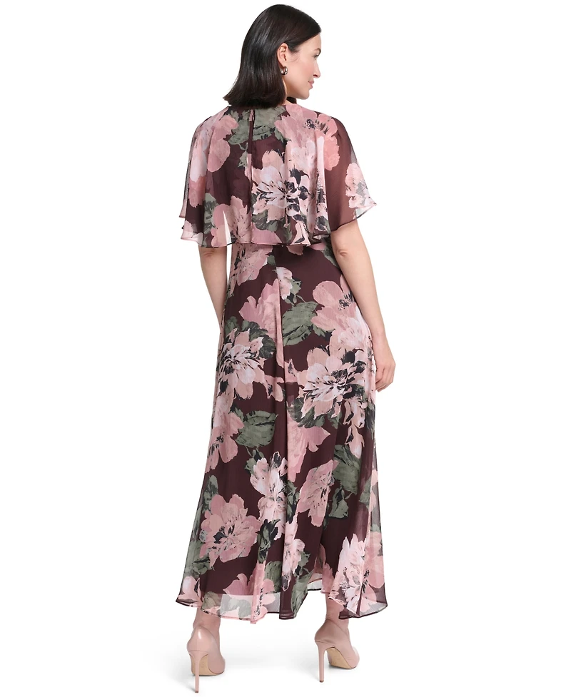 Calvin Klein Women's Flutter-Sleeve Floral Chiffon Fit & Flare Dress