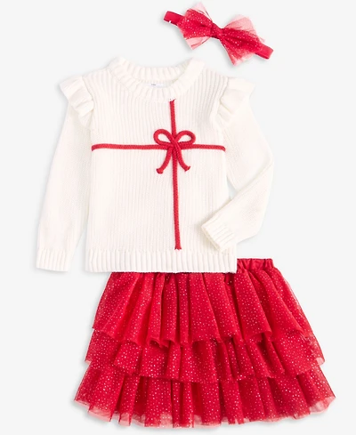 First Impressions Baby Girls' Bow Tiered Glitter Headband, Sweater and Skirt, 3-Piece Set, Macy's Exclusive