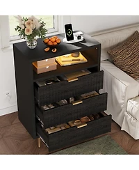 gaomon Fluted 3-Drawer Dresser for Bedroom, Modern White with Built-in Led Lights and Wave Front Design, Large Storage